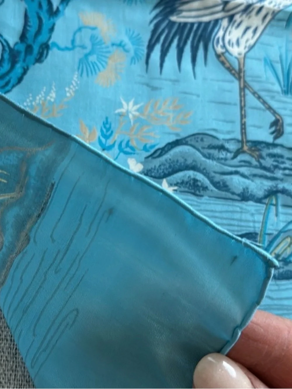 Blue Silk Scarf with Crane and Floral Motif